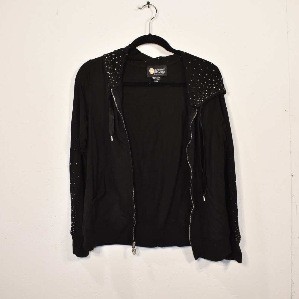 Christine Alexander Black Rhinestone Zip Up Hoodie Sweatshirt Medium